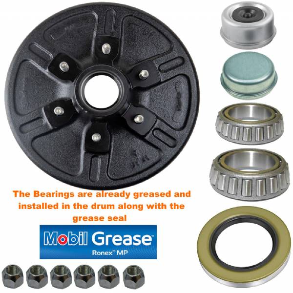 19-125 6000lb 6 on 5-1/2" Bolt Pattern 12" Pre-Greased Brake Drum Kit