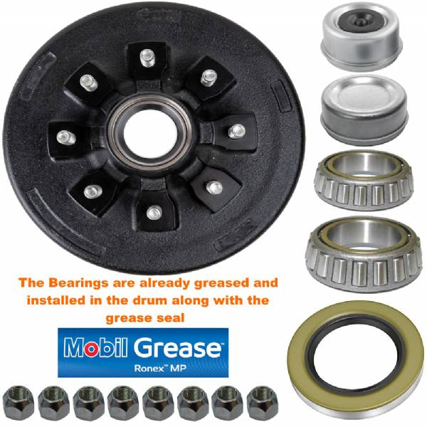 19-135 7000lb 8 on 6-1/2" Bolt Pattern 12" Pre-Greased Drum Kit with 9/16" Lug Studs